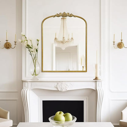 WallBeyond Gold Vintage Mirror - 24x32 Inch, Arched Antique Mirror with Ornate Frame for Bathroom, Living Room, Fireplace, Entryway