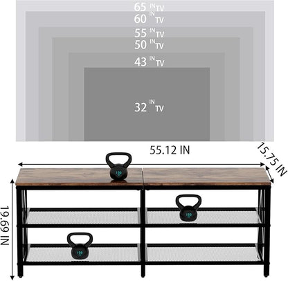 TV Stand for TVs up to 65 Inch, 55" Long Industrial TV Console Table with 3-Tier Storage Shelves, Entertainment Center for Living Room, Bedroom (Rustic Brown)