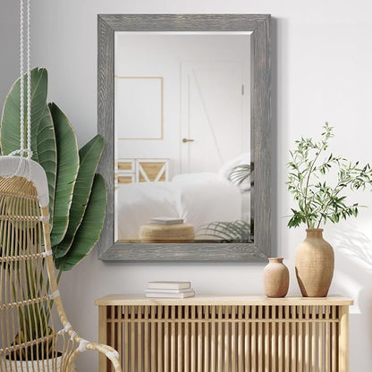 Gray Rustic Mirror Rectangular Barnwood Framed Wall Mirror for Home Decor, Vertical or Horizontal Hanging, 41x29