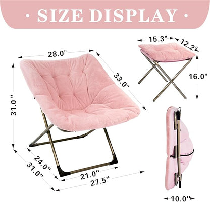 Kokel Plush Folding Chair and Ottoman Padded Metal Frame Living Room Chair (Pink-TM8)