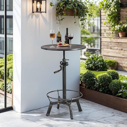 LOKKHAN 33.5"-39.4" Tall Industrial Bar Table-Adjustable Bar Height Pub Table-23.7" Dia Swivel Round Metal Top-Easily Adjusts by Crank Handle, Silver Gray
