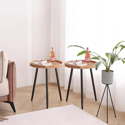 Tiita 2 Pack Rattan Round End Table Mental Side Table Nightstand/Small Wood Tables Accent Coffee Table with Wooden Tray for Living Room Bedroom Office Small Space
