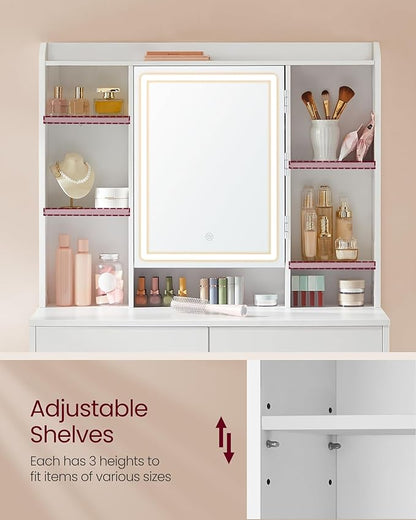 VASAGLE Vanity Desk with Mirror and Lights, Makeup Vanity with Upholstered Vanity Stool, Dimmable LED Lights, Adjustable Shelves, 7 Compartments, 2 Drawers, for Bedroom, Cloud White URDT131W01