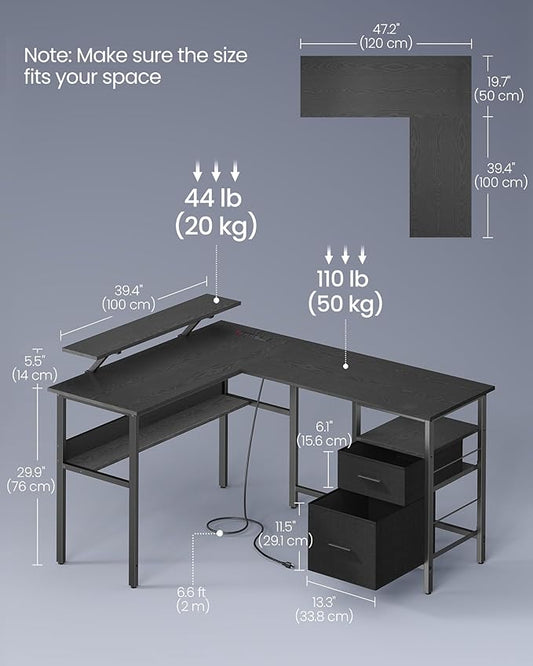 VASAGLE L-Shaped Desk with Power Outlets, Computer Desk with Monitor Stand, Corner Desk, Gaming Desk with LED Lights, 2 Drawers, Easy to Assemble, for Home Office, Ebony Black ULWD095B56
