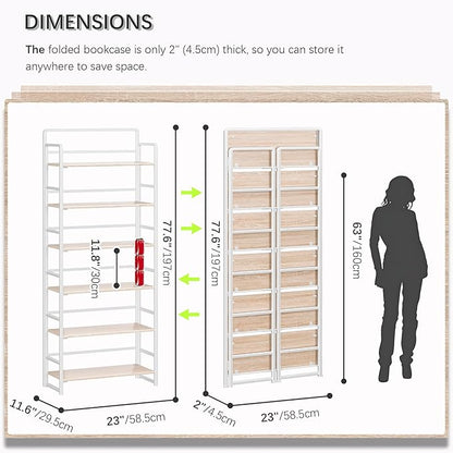 4NM No-Assembly 6 Tiers Folding Bookshelf Storage Shelves Vintage Bookcase Standing Racks Study Organizer Home Office (Natural White)