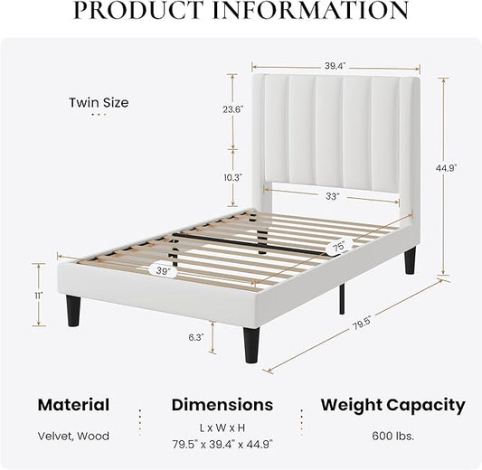 SHA CERLIN Twin Bed Frame/Velvet Upholstered Platform Bed Frame with Headboard/Strong Wood Slats Support/Mattress Foundation/No Box Spring Needed/Easy Assembly/White