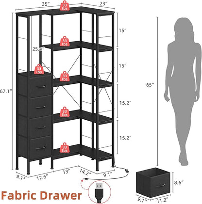 Corner Bookshelf with LED Light Strips & 4 Fabric Drawers, 5-Tier Convertible Corner Shelf with Display Shelf, Large Wood Industrial Bookcase for Living Room, Bedroom, Home Office, Black