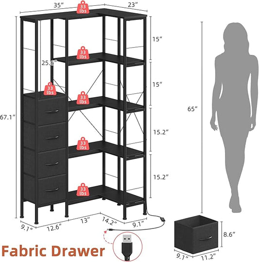 Corner Bookshelf with LED Light Strips & 4 Fabric Drawers, 5-Tier Convertible Corner Shelf with Display Shelf, Large Wood Industrial Bookcase for Living Room, Bedroom, Home Office, Black