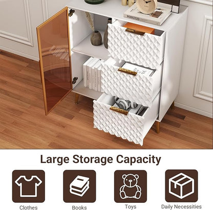 Rovibek Modern Sideboard Cabinet with Storage, Small Kitchen Buffet Cabinet with Glass Door & 3 Drawers, 31" Accent Sideboard Buffet for Kitchen, Living Room, White