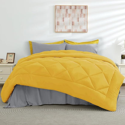 HEVUMYI Cali-King Comforter Set - 7-Piece All Season Bed in a Bag Cali-King, Ultra Soft Bedding Set with Comforter, Flat Sheet, Fitted Sheet, Pillowcases, Pillow Shams, Yellow & Light Grey