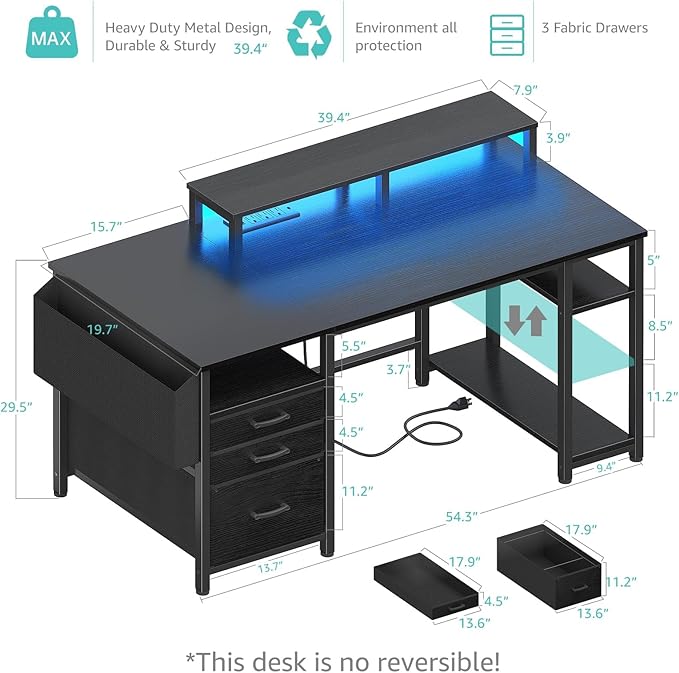 Lufeiya Gaming Desks with Led Lights and Power Outlets, 55 Inch Computer Desk with File Drawers Cabinet, Home Office Desk with Shelves Monitor Stand, Black