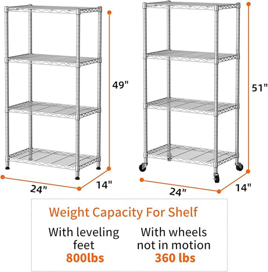 SINGAYE 4 Shelves Storage Shelf Wire Closet Bathroom Organizers Metal Pantry Kitchen Garage Shelving Unit Laundry Room Organization Home Rack Net Basket White with Wheels