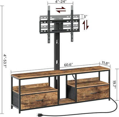 TV Stand with Mount for up to 75", Entertainment Center with Switch-Controlled Charging Station, Swivel TV Stand Mount with Fabric Drawers, for Living Room, Rustic Brown TVHR154E01N1