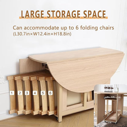 47.3" Round Folding Dining Table for 4-8, Wood Kitchen Foldable Dining Table Large Drop Leaf Dinner Table with Storage Shelf Metal Legs for Home Dining Room Living Room in Wood Color