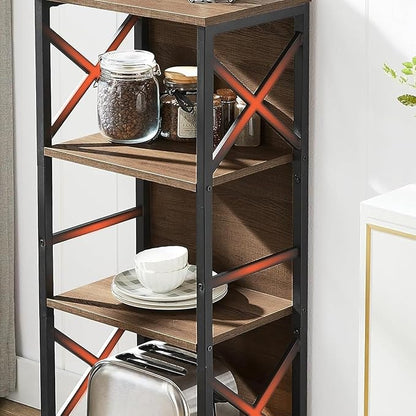Small Bookshelf,5 Tier Industrial Bookshelf with Metal Frame and Backboard,Narrow Rustic Brown Book Shelf,Book case for Small Spaces,Living Room,Bedroom and Home Office