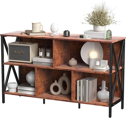 5 Cube Storage Organizer Shelf,Industrial Horizontal Bookshelf,Short Wide Cubby Bookcase,Low Large Book Shelf Metal Storage Organizer Open Shelf for Bedroom Living Room,Home,Office,47 in(Brown,5 Cube)