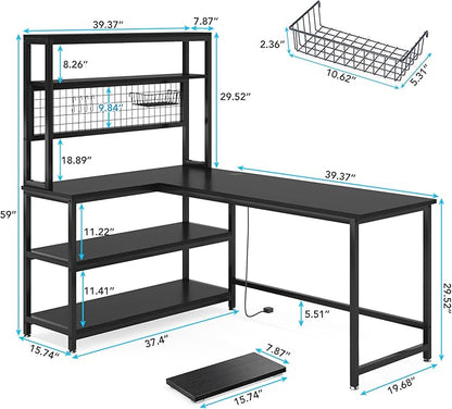 Tribesigns 55" Large Computer Desk with Wireless Charging 5 Storage Shelves, Office Desk Study Table Writing Desk Workstation with Hutch Bookshelf for Home Office (All Black)