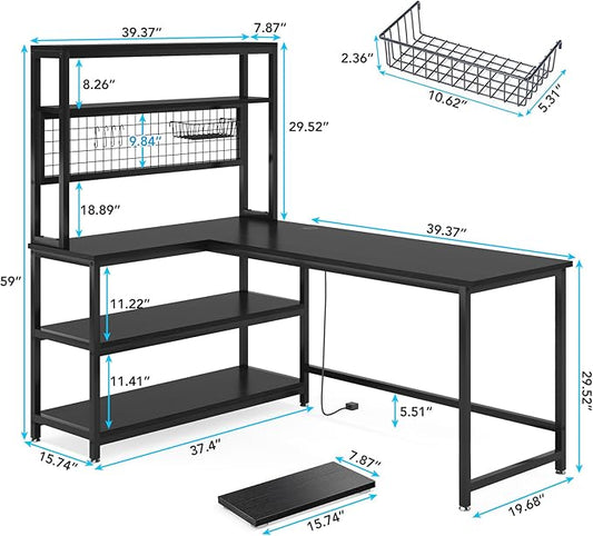 Tribesigns 55" Large Computer Desk with Wireless Charging 5 Storage Shelves, Office Desk Study Table Writing Desk Workstation with Hutch Bookshelf for Home Office (All Black)