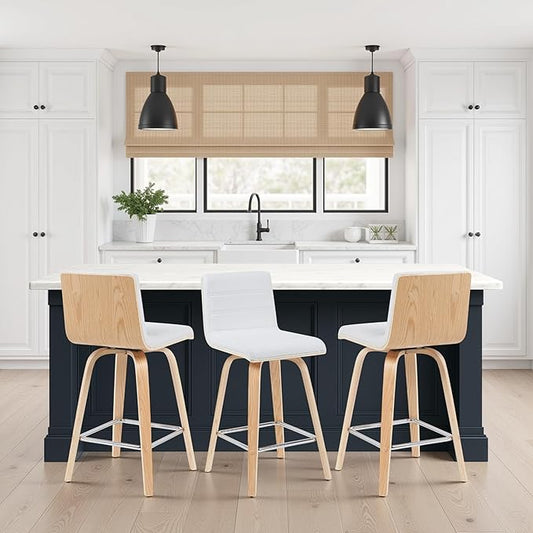 Vienna Modern Counter Height Swivel Bar Stool with White Faux Leather Seat and Patterned Oak Wood Frame Set of 4
