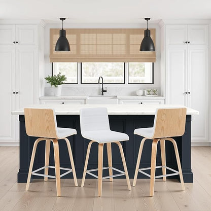 Vienna Modern Counter Height Swivel Bar Stool with White Faux Leather Seat and Patterned Oak Wood Frame Set of 2