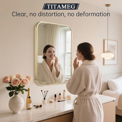 22x30 Inch Bathroom Mirror for Wall,Gold Framed Rectangle Mirror with Rounded Corner,Aluminum Alloy Framed Brushed Wall Mirror for Bedroom or Living Room,Vertical or Horizontal