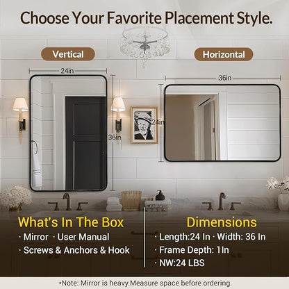 ANDY STAR Black Rectangle Mirror, 24x36 Inch Stainless Steel Metal Frame Bathroom Mirror for Over Sink, Modern Rounded Corner Black Vanity Wall Mirror, Hangs Horizontally or Vertically