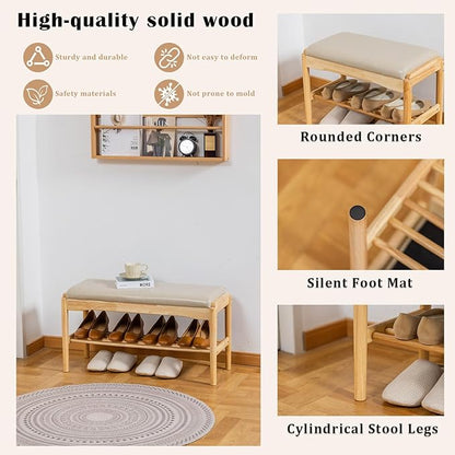 Shoe Bench, Entryway Bench, Wood 2-Tier Shoe Rack with Cushion Padded Seat Shoe Organizer (31.5",Beige+Nature)