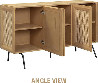 NTC MOSSIC Modern Sideboard with 3 Doors, Natural Rattan Storage Cabinet, Buffet with Metal Legs, Boho Accent Cabinet for Living Room, and Entryway, Effortless Assembly, Sand