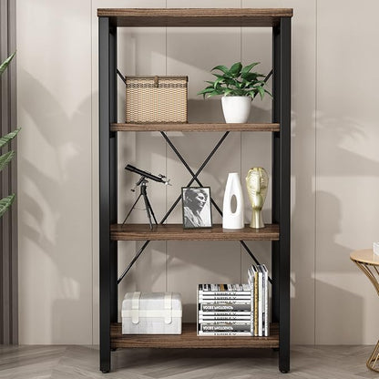 4 Tier Bookshelf, Solid Wood Bookcase Shelf Storage Organizer, Vintage Storage Rack with Open Shelves Rustic Standing Bookshelves for Living Room,Bedroom Rustic Brown(AY01-4tier)