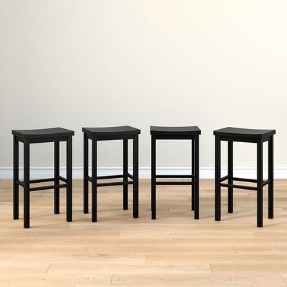 Grain & Grove Smith Collection Set of 4 Solid Wood Bar Stools, 30 inch Saddle-Seat Bar Chairs, Backless, Heavy-Duty Construction, Footrest Support, for Kitchen Islands, Home Bars, and Counters, Black