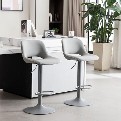 YOUNIKE Bar Stools Set of 2 All Grey Swivel Barstools, Adjustable Counter Height Bar Stools Faux Leather Upholstered Counter Stools with Hollow Back for Kitchen Island