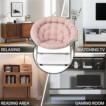 MoNiBloom Round Folding Saucer Chairs Set of 2 for Bedroom Living Room Dorm Foldable Metal Frame Comfy Soft Lounge Lazy Cozy Moon Chairs for Teens (Pink)