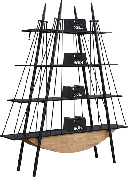 4 Tier Modern Boat-Shaped Bookshelf with Drawer, Black & Natural, 84.3" Tall Vertical Ladder Shelf for Storage Display Decoration, Sturdy MDF & Metal Industrial Frame, for Bedroom, Office