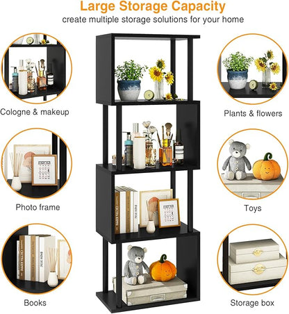 IBUYKE 5-Tier Tall Bookshelf,S-Shaped Geometric Bookcase, Wood Display Shelves with Storage,Modern Bookshelf for Living Room Bedroom, Home Office, Black WBC015B