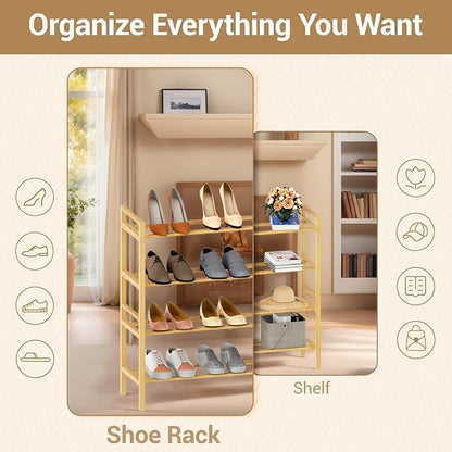 Haddockway Bamboo Shoe Rack for Closet, Free Standing Shoe Organizer with Smooth Round Rods & Convenient Handles, Stackable Shoe Storage Shelf for Entryway, Hallway(Natural, 4-Tier)