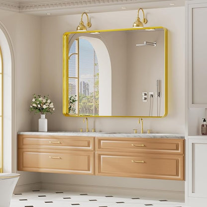 Koonmi Gold Bathroom Mirror for Wall, 36x48 Inch Matte Metal Deep Framed Rounded Corner Wall Mirror, Shatterproof Tempered Glass for Farmhouse Bedroom Entryway, Vertically or Horizontally