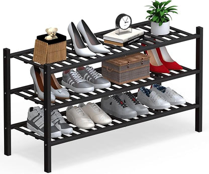 Haddockway Long 3 Tier Bamboo Shoe Rack Storage Organizer, Multifunctional Free Standing Stackable Shoe Shelf with Grid Panel for Closet,Hallway,Entryway,Small Space 34.2"x11"x20"(Black, 3-Tier(Long))