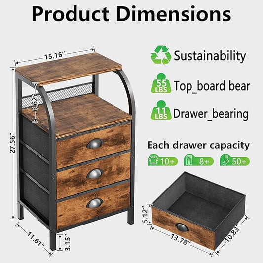 Night Stand Nightstand with Drawer Nightstands Storage Night Stands 3 Drawers Bedside Dresser Table Open Shelves Small Bed Side End Tables Fabric Cabinet for Bedroom Living Room Furniture