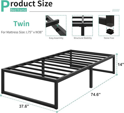 14 Inch Twin Bed Frames Heavy Duty Metal Twin Size Platform Bed Frame No Box Spring Needed, Noise Free, Easy Assembly, Black
