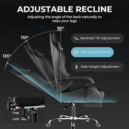 GTPLAYER Gaming Chair, Computer Chair with Footrest and Lumbar Support, Height Adjustable Game Chair with 360°-Swivel Seat and Headrest and for Office or Gaming (Faux Leather, Black)