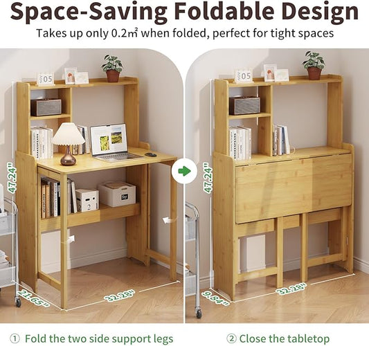 Bamboo Folding Desk with Storage Rack Mid Century Modern Desk for Home Office Bedroom Small Spaces, Natural