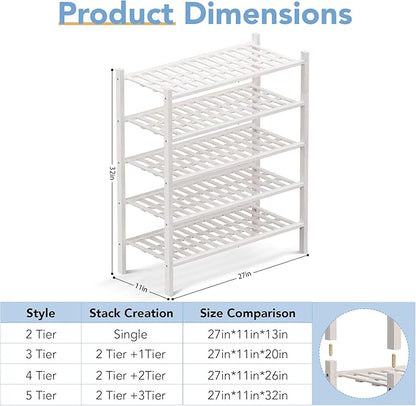 Haddockway 5 Tier Bamboo Shoe Rack Storage Organizer, Multifunctional Free Standing Stackable Shoe Shelf with Grid Panel for Closet,Hallway,Entryway,Small Space 27"x11"x32" (White, 5 Tier)