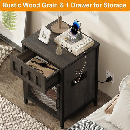 FATORRI End Table with Charging Station, Farmhouse Side Table with Drawer, Rustic Wood and Metal Nightstand and Bedside Tables for Living Room (Walnut Brown)