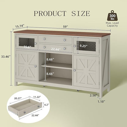 YITAHOME Farmhouse TV Stand for 65/55 Inch Television, Entertainment Center Television Stand with Drawers & Door, 59" Media Console TV Cabinet for Living Room, Antique White