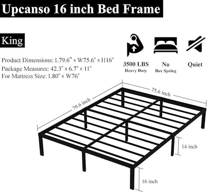 16 Inch King Bed Frame Heavy Duty Metal Platform King Size Bed Frames with 14 Inch Storage, Easy Assembly 3,500 lbs Steel Slats Support Mattress Foundation, Black