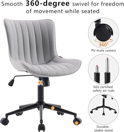 YOUNIKE Grey Home Office Desk Chair with Wheels Ergonomic Comfy Armless Vanity Chair with Back Modern Leather Upholstered Rolling Task Chair Small Cute Computer Drafting Sewing Chair Swivel Adjustable