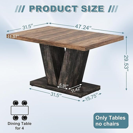 Dining Table for 4-6, 47" Farmhouse Dinner Table with with Wooden Tabletop and Heavy Duty Pedestal Wooden Rectangular Kitchen Tables for Dining Room, Kitchen, Living Room, Brown & Black