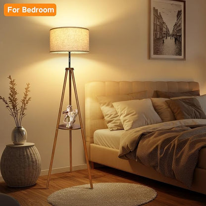 OUTON Wood Tripod Floor Lamp with Shelves, Mid Century LED Modern Dimmable Floor Lamp with Remote & Touch Control, Sturdy Tall Standing Lamp for Living Room, Bedroom, Office, Walnut