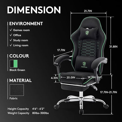 Gaming Chair Breathable Fabric,Computer Office Chair with Footrest,Massage Lumbar Support and Gel Pad,Ergonomic Reclining Adjustable Gamer Chair with Headrest and Spring Cushion Black Green