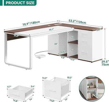 YITAHOME Executive Desk with Power Outlets, 71" L Shaped Desk with File Cabinet, Executive Desk with Drawers & Storage Shelves, Corner Office Desk with Bookshelf for Home Office, Walnut & White